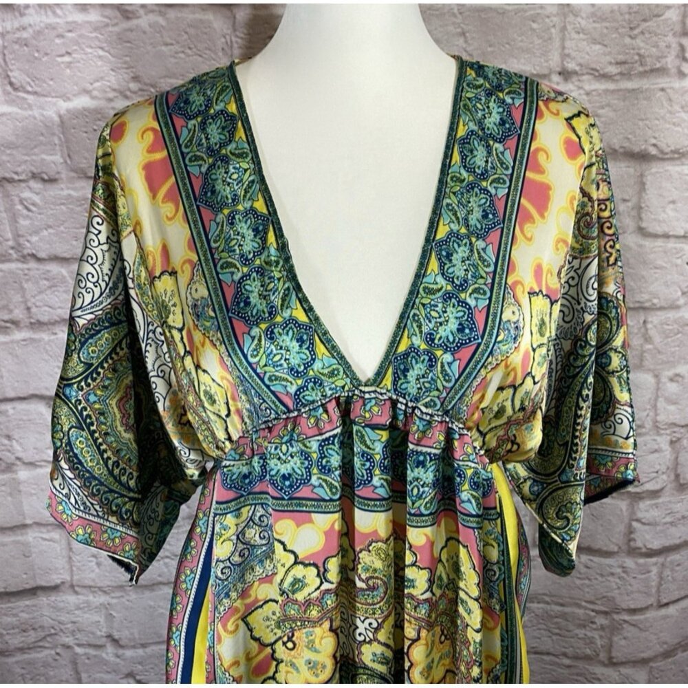 Sundance Bella Verona Dress Small Printed Kimono Sleeve Midi Caftan Satin 040 - Picture 2 of 9